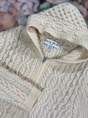 Aran Mor Ireland Womens Cable Knit Wool Full Zip Cardigan Sweater Hooded Ivory M